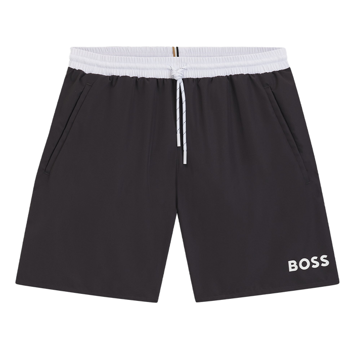 Black swim shorts with a white drawstring and 'BOSS' logo on a white background