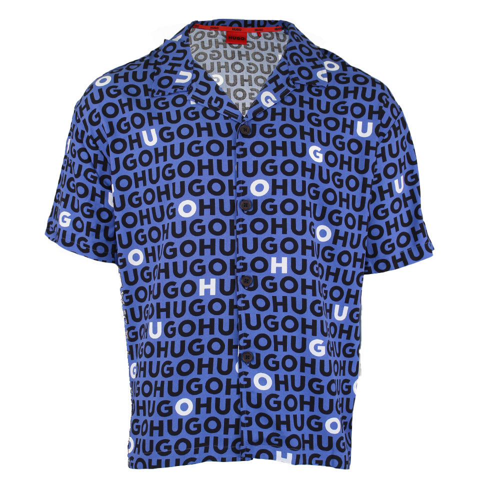 blue shirt with all over logos