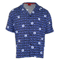 blue shirt with all over logos