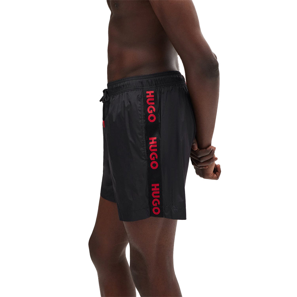 HUGO-Fab Logo Tape Swim Shorts, Black-UNDERU