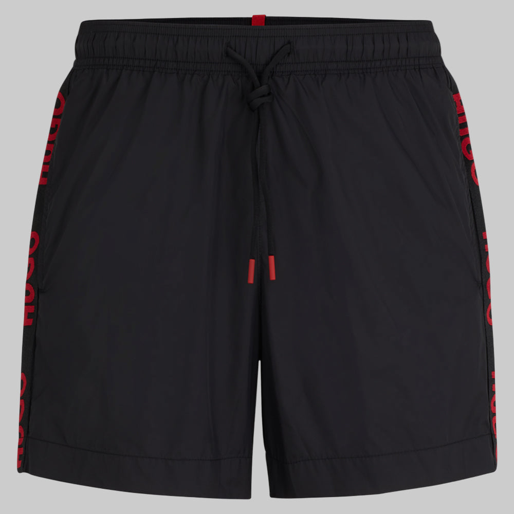 HUGO-Fab Logo Tape Swim Shorts, Black-UNDERU