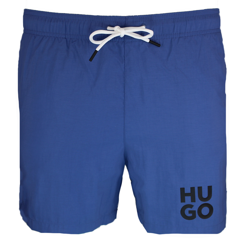 Blue shorts with a white drawstring and 'HUGO' branding on a white background