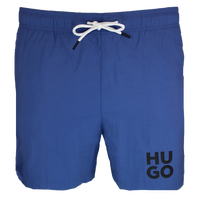 Blue shorts with a white drawstring and 'HUGO' branding on a white background