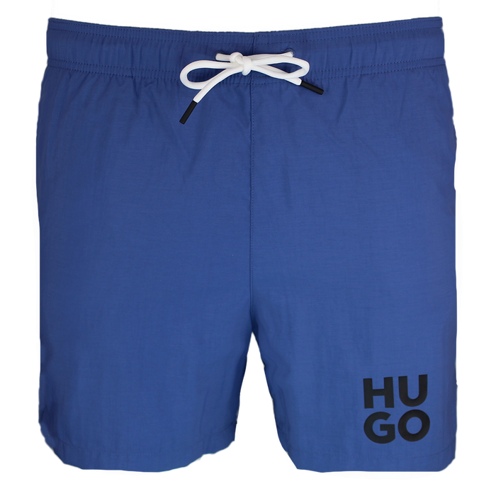Blue shorts with a white drawstring and 'HUGO' branding on a white background