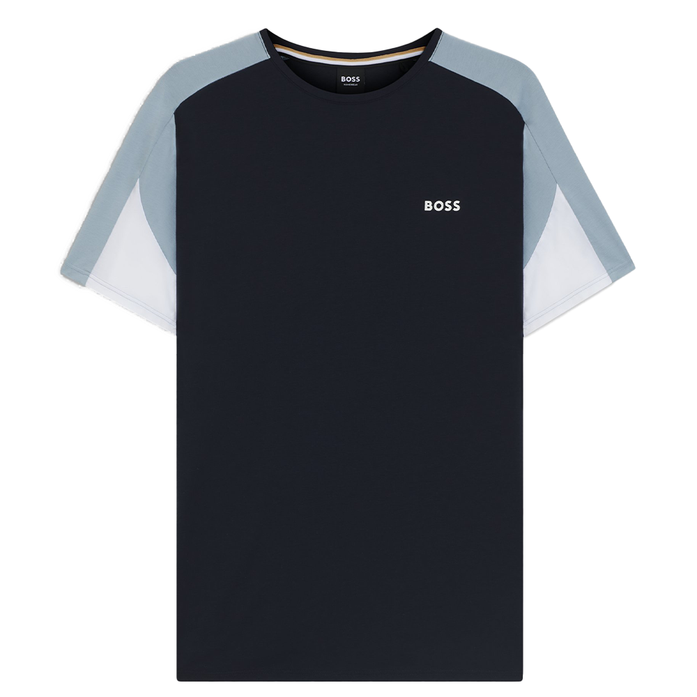 Blue t-shirt with blue sleeves and 'BOSS' logo on a white background