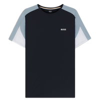 Blue t-shirt with blue sleeves and 'BOSS' logo on a white background