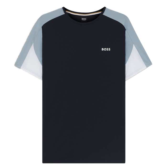 Blue t-shirt with blue sleeves and 'BOSS' logo on a white background