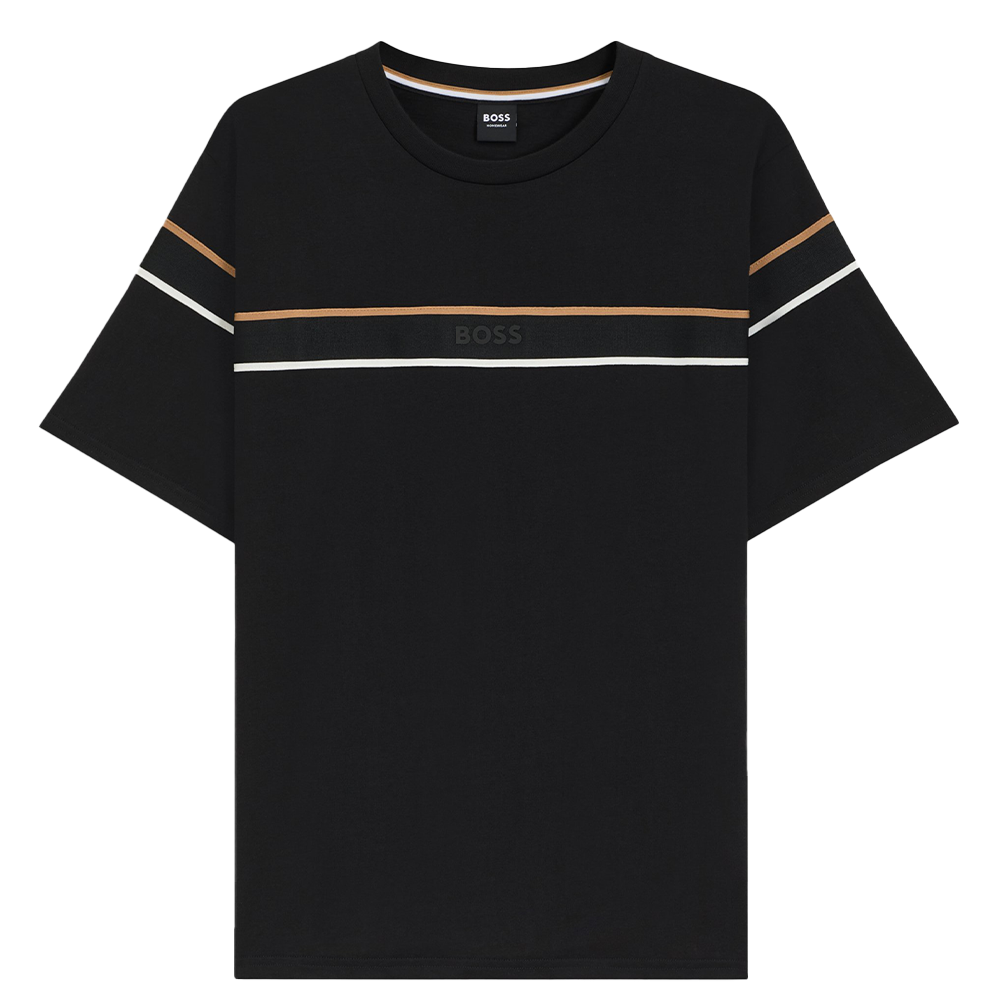 Black t-shirt with stripes across chest and BOSS logo