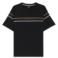 Black t-shirt with stripes across chest and BOSS logo