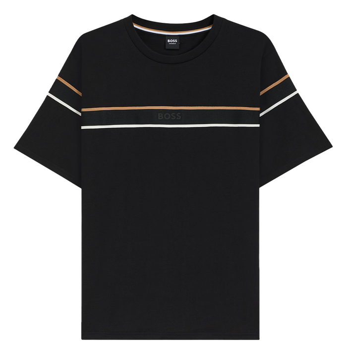 Black t-shirt with stripes across chest and BOSS logo