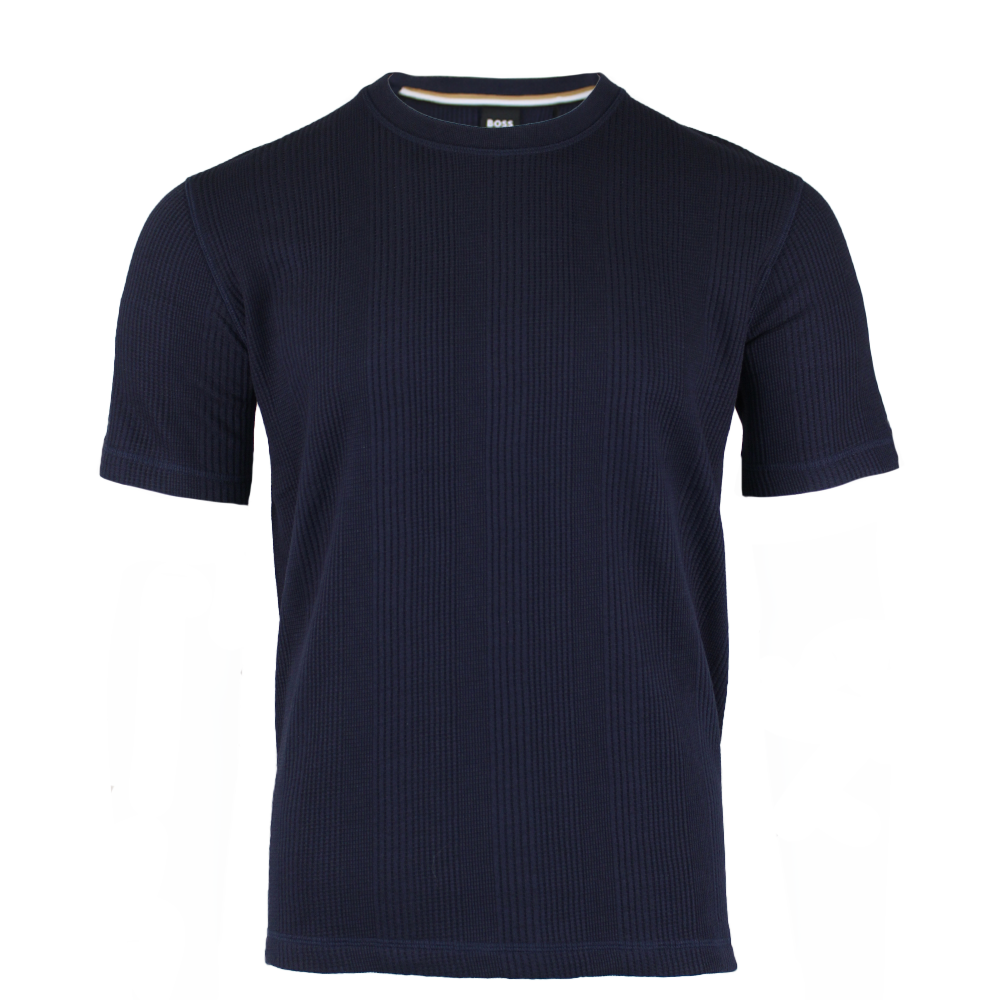 Navy blue ribbed t-shirt on a white background