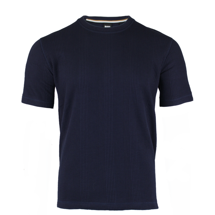Navy blue ribbed t-shirt on a white background
