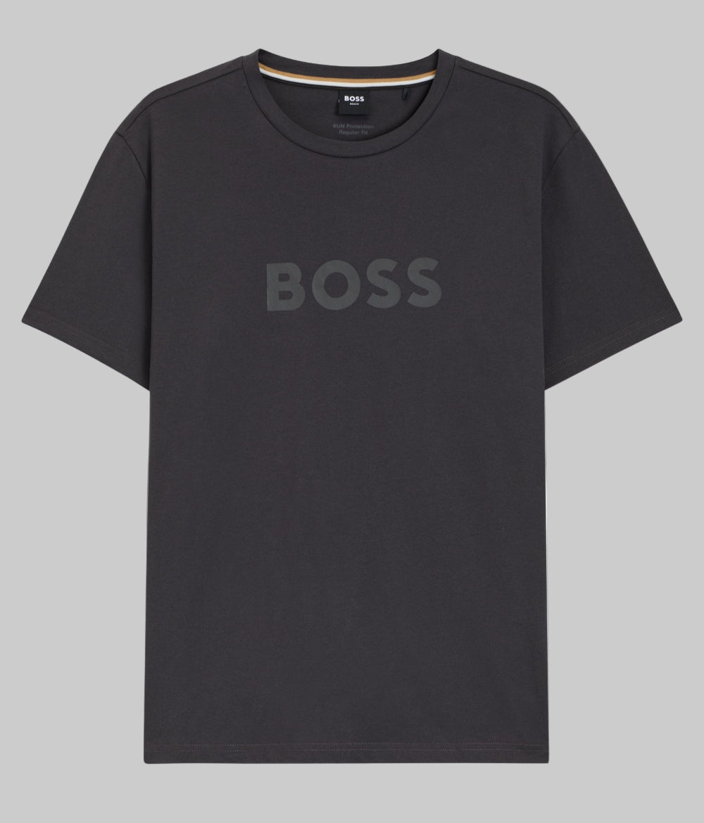 A dark grey, short-sleeved BOSS T-shirt with a contrast printed logo at the chest.