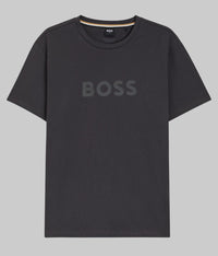 A dark grey, short-sleeved BOSS T-shirt with a contrast printed logo at the chest.