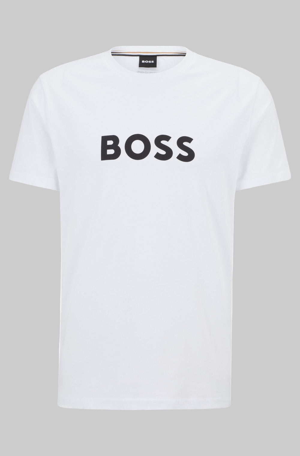 White short-sleeved jersey T-shirt with contrast printed logo at the chest, by BOSS Menswear.