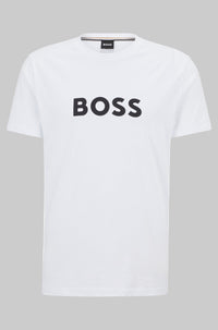 White short-sleeved jersey T-shirt with contrast printed logo at the chest, by BOSS Menswear.