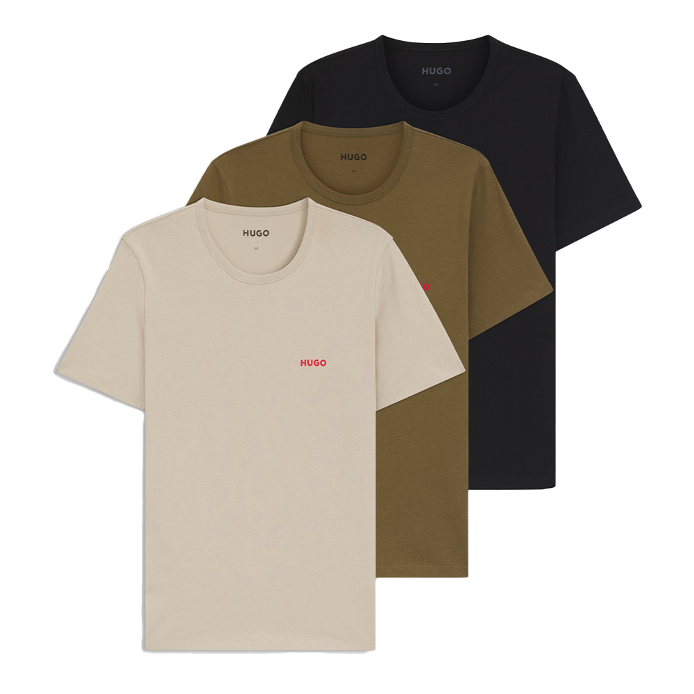 Four Hugo Boss t-shirts in black, beige, and green on a white background