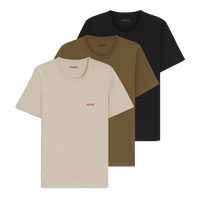 Four Hugo Boss t-shirts in black, beige, and green on a white background