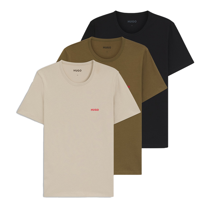 Four Hugo Boss t-shirts in black, beige, and green on a white background
