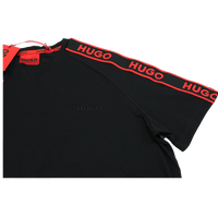 Black t-shirt with red 'HUGO' branding on a white background