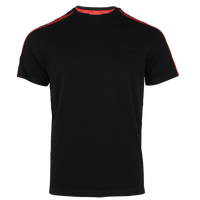 Black t-shirt with red accents on a white background
