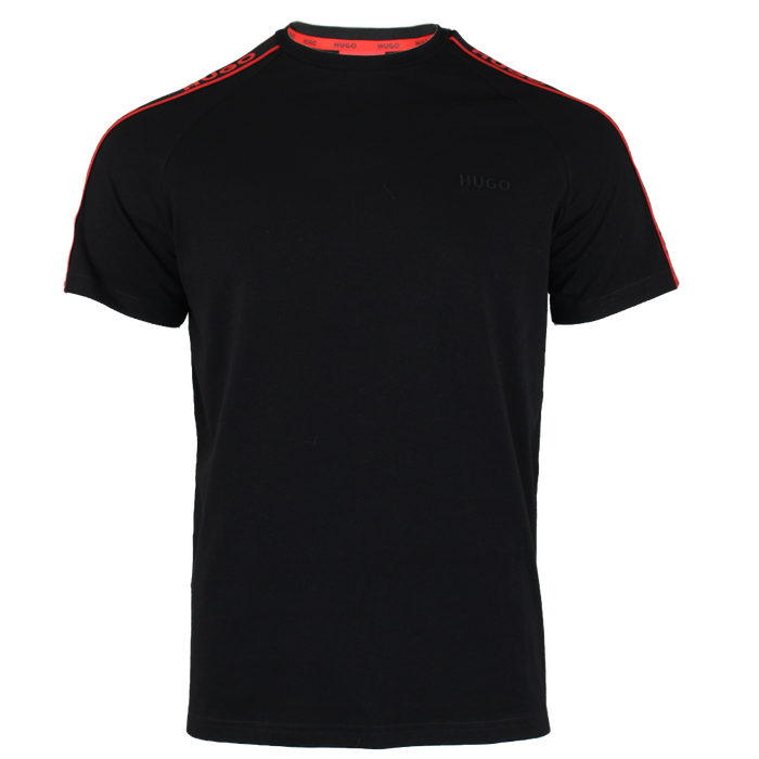 Black t-shirt with red accents on a white background