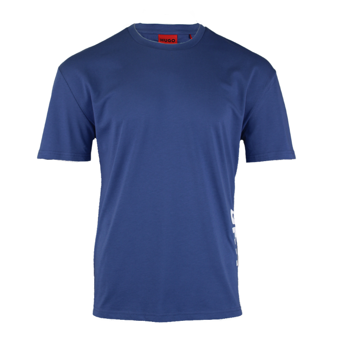 Blue t-shirt with a brand logo on a white background