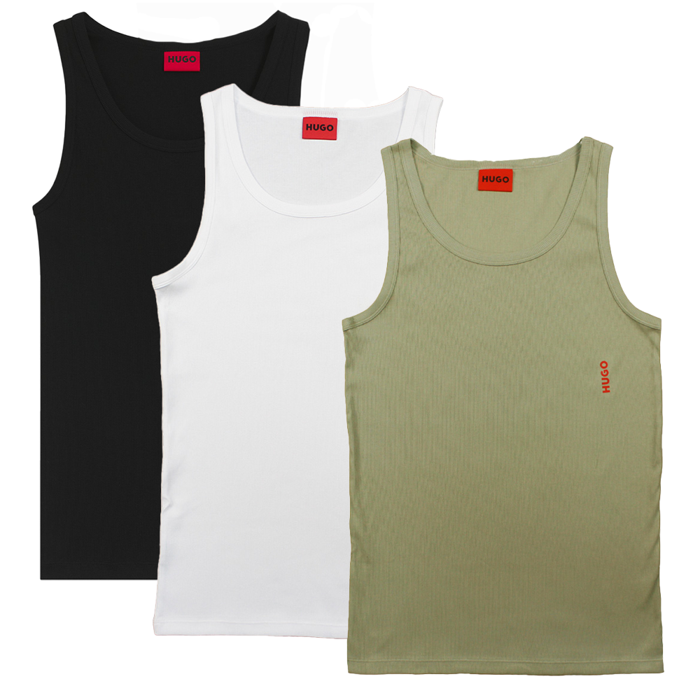 3 HUGO vests, black, white and khaki