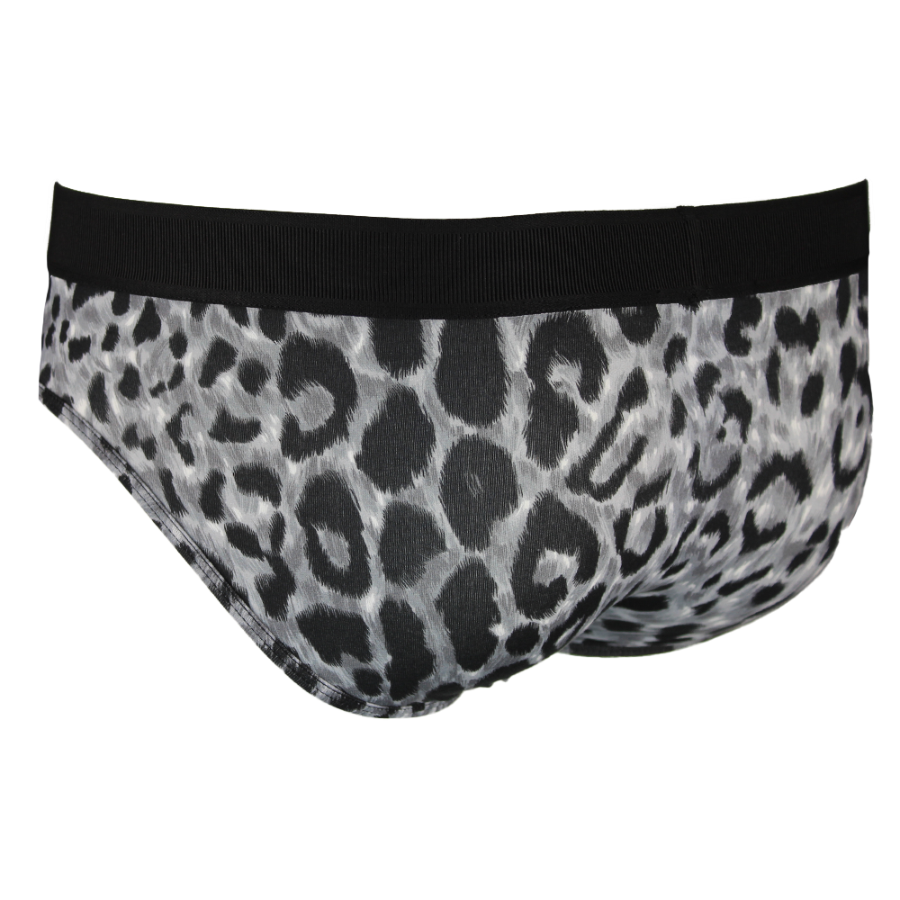 Leopard print underwear with black waistband on a white background