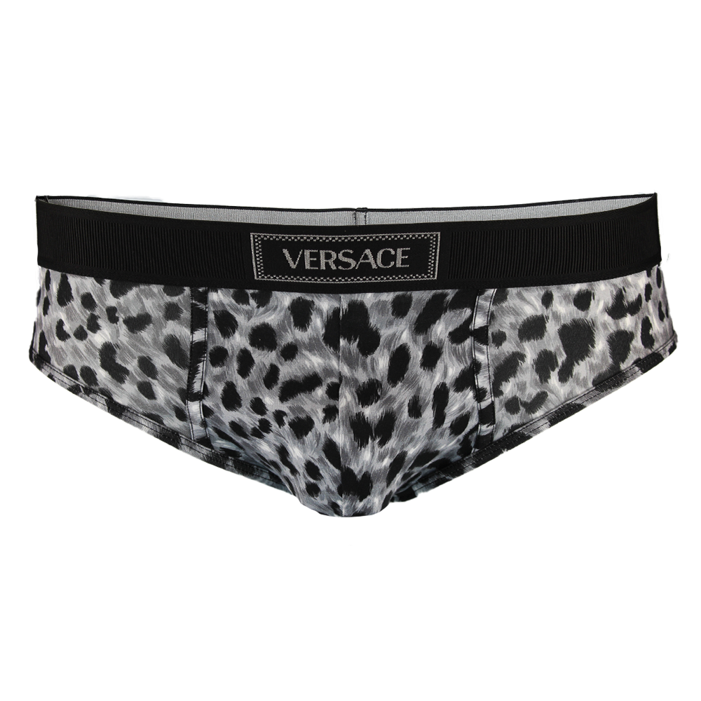 Leopard print underwear with Versace logo on a white background
