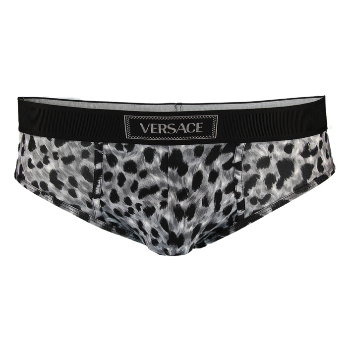 Leopard print underwear with Versace logo on a white background