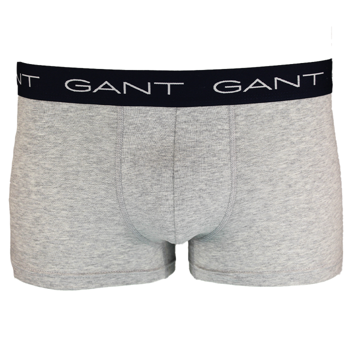 Gray boxer trunk with a black Gant waistband on a white background