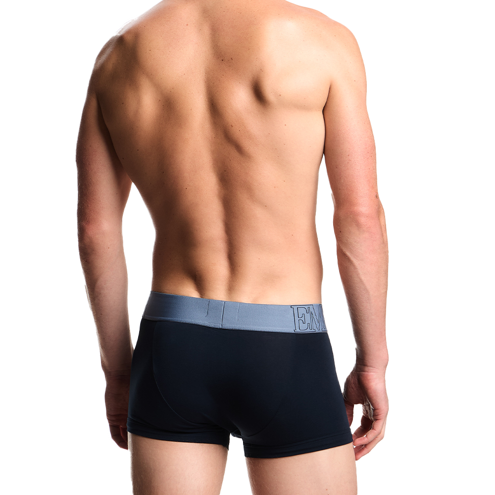 Rear view of blue Armai boxer trunks with mega logo