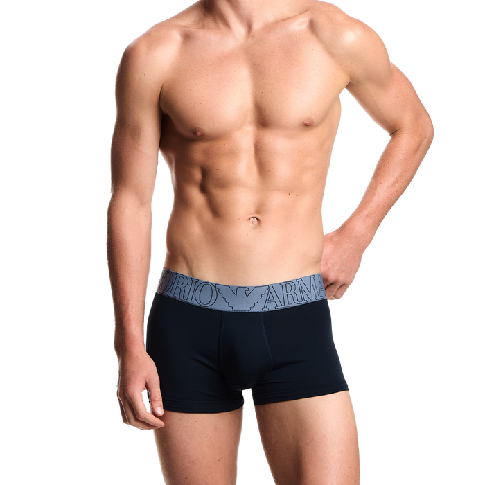 model wearing blue Armani boxer trunks on a model