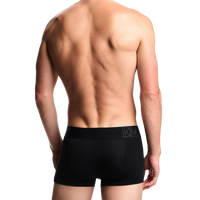 back view of a model wearing black Armani megalogo boxer trnks
