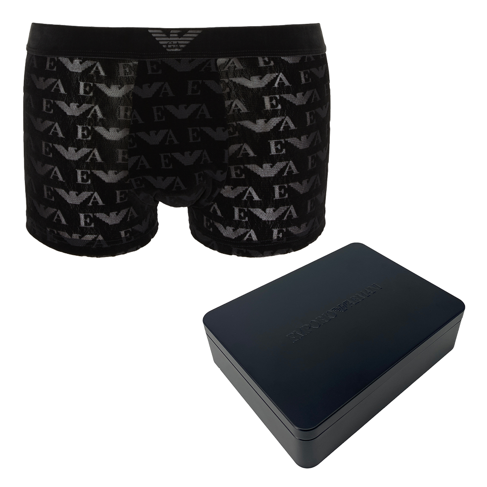 Black boxer briefs with brand logo and a black box on a white background