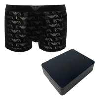 Black boxer briefs with brand logo and a black box on a white background