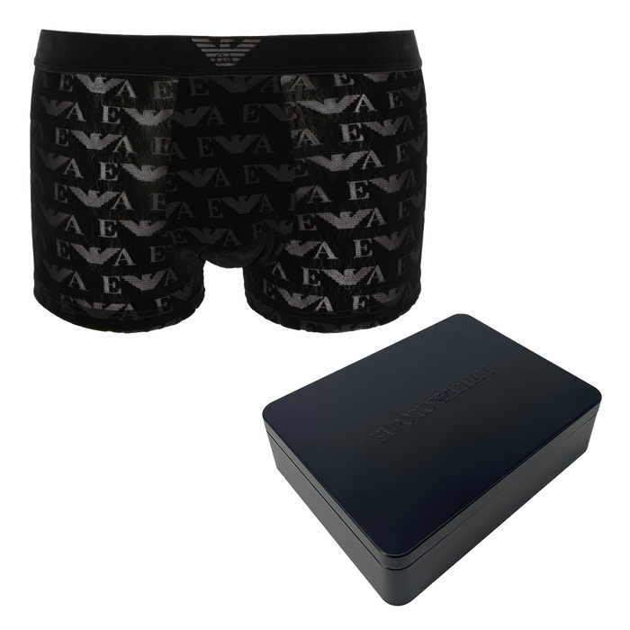 Black boxer briefs with brand logo and a black box on a white background