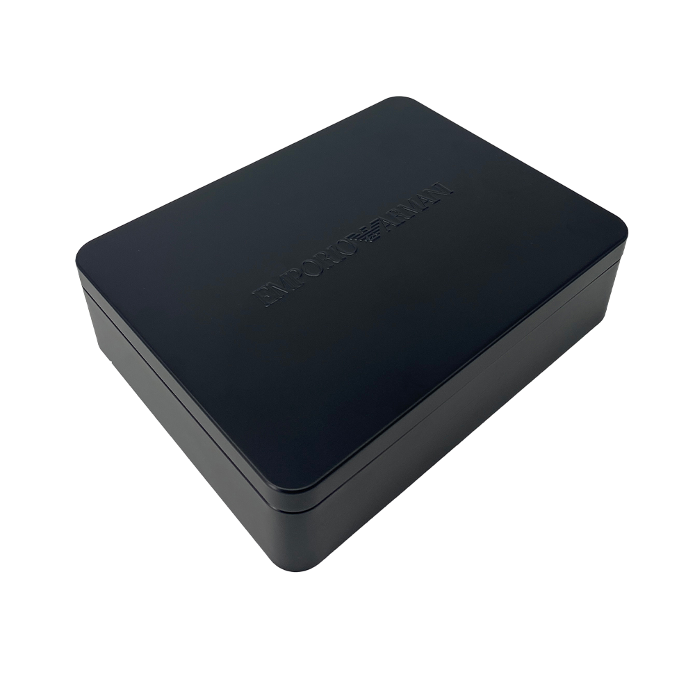 Black rectangular box with 'Emporio Armanii' branding on a white background