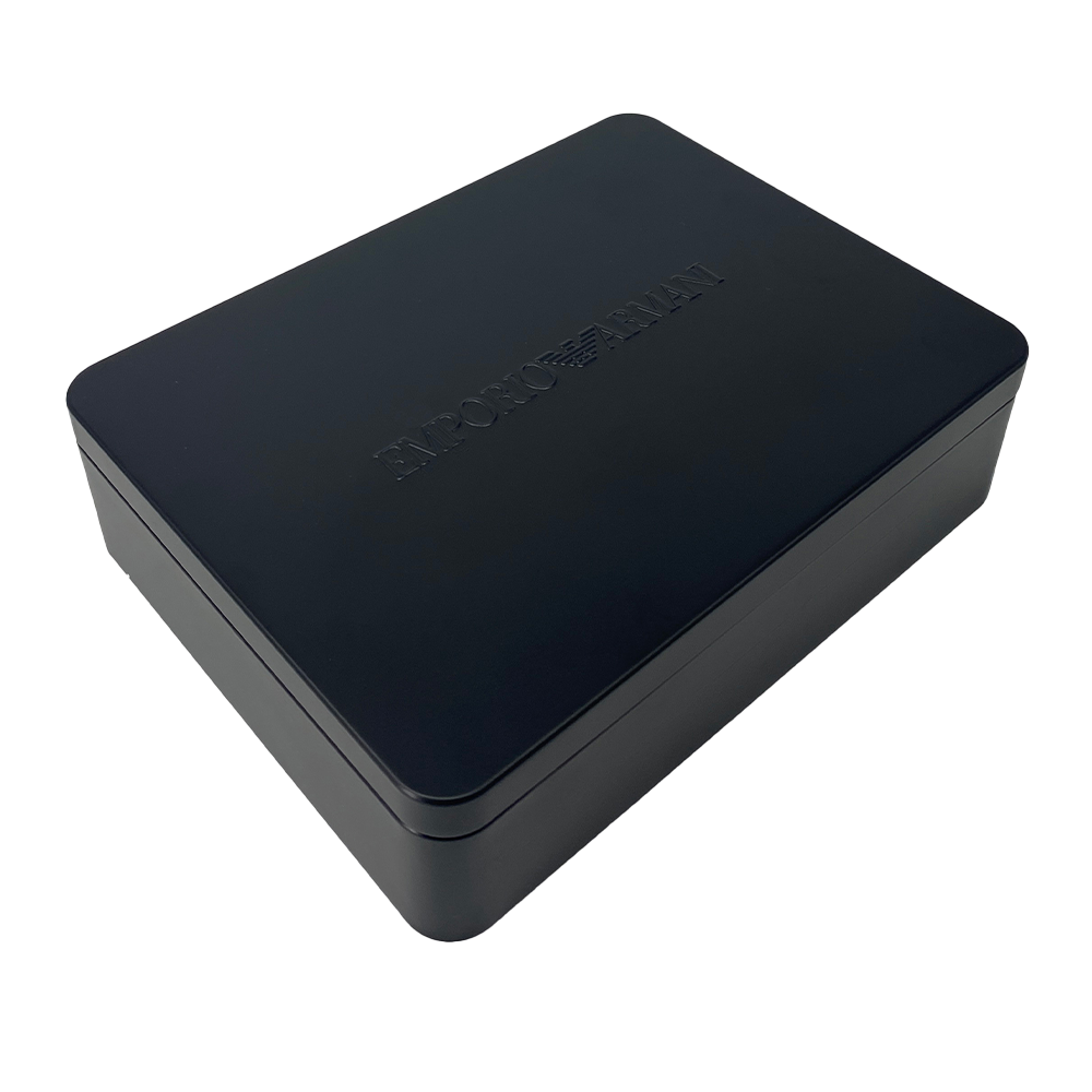 Black rectangular box with 'Emporio Armani' branding on a white background