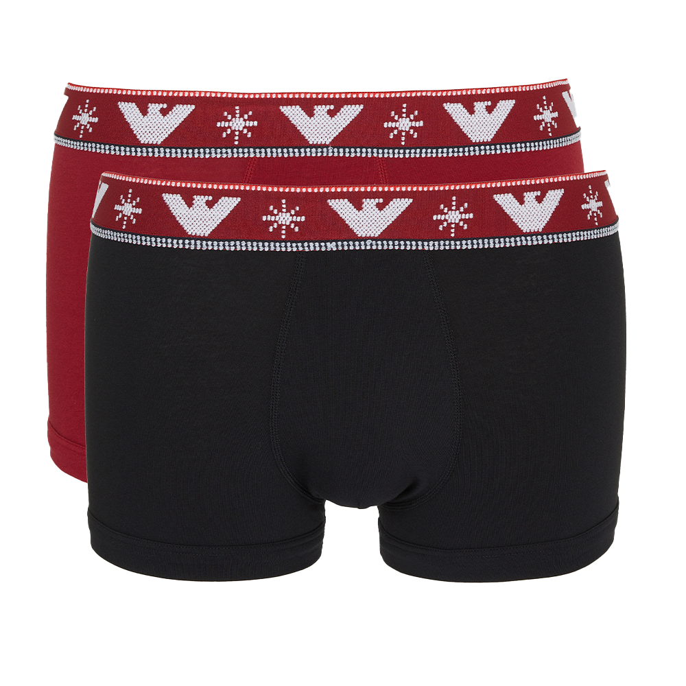 Black boxer trunks with red waistband featuring a pattern on a white background