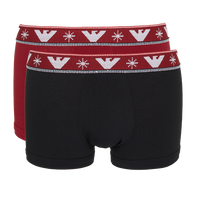 Black boxer trunks with red waistband featuring a pattern on a white background
