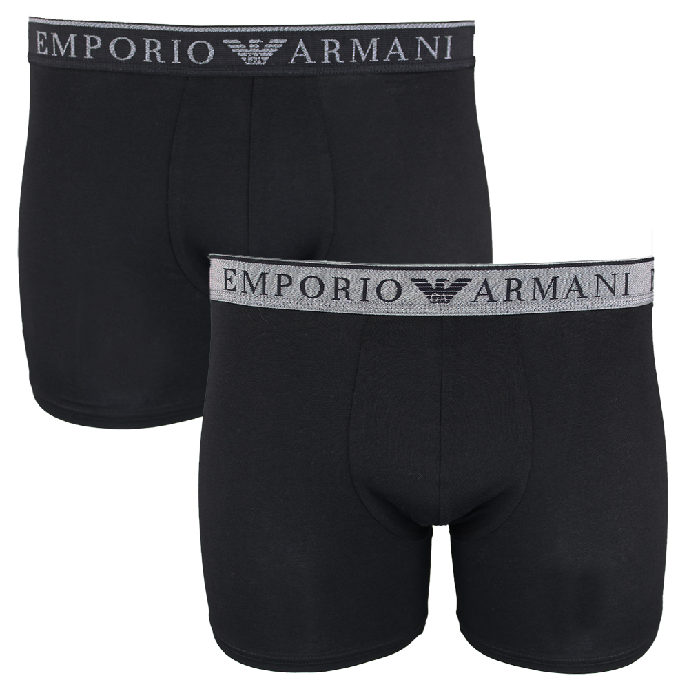 Two black Emporio Armani boxer briefs on a white background