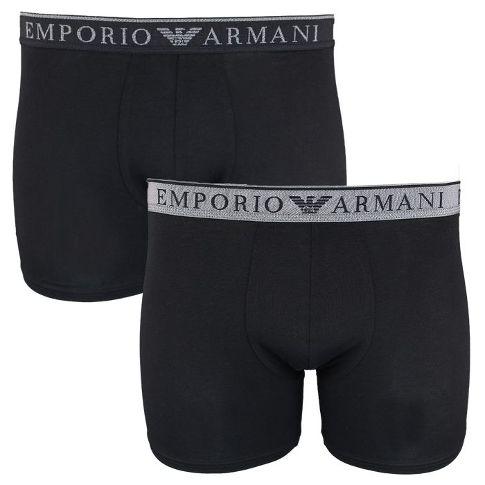 Two black Emporio Armani boxer briefs on a white background