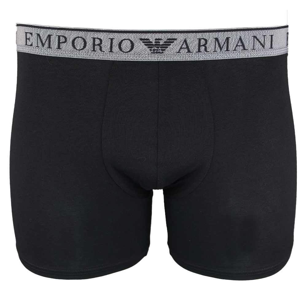 Black boxer briefs with Emporio Armani waistband on a white background