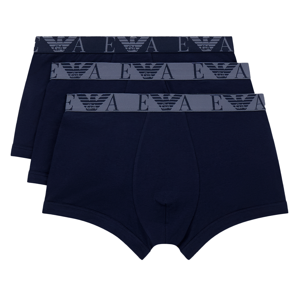 Three pairs of Emporio Armani blue boxer trunks with contrast waistbands