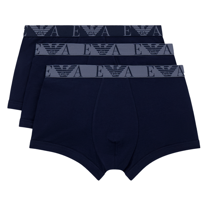 Three pairs of Emporio Armani blue boxer trunks with contrast waistbands