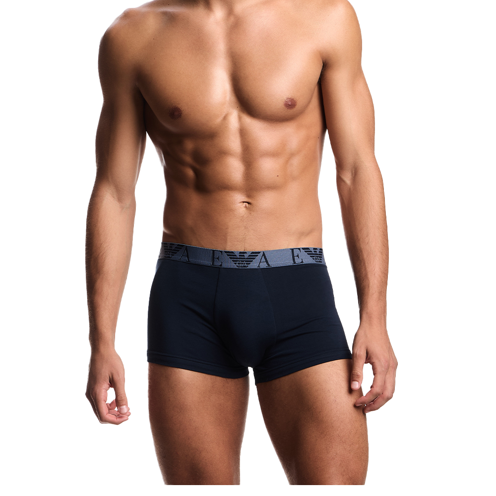 model wearing blue boxer shorts 