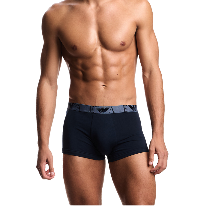 model wearing blue boxer shorts 