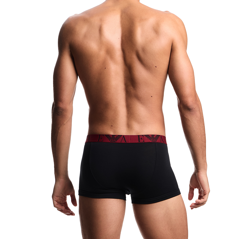back view of model wearing Armani boxer trunks